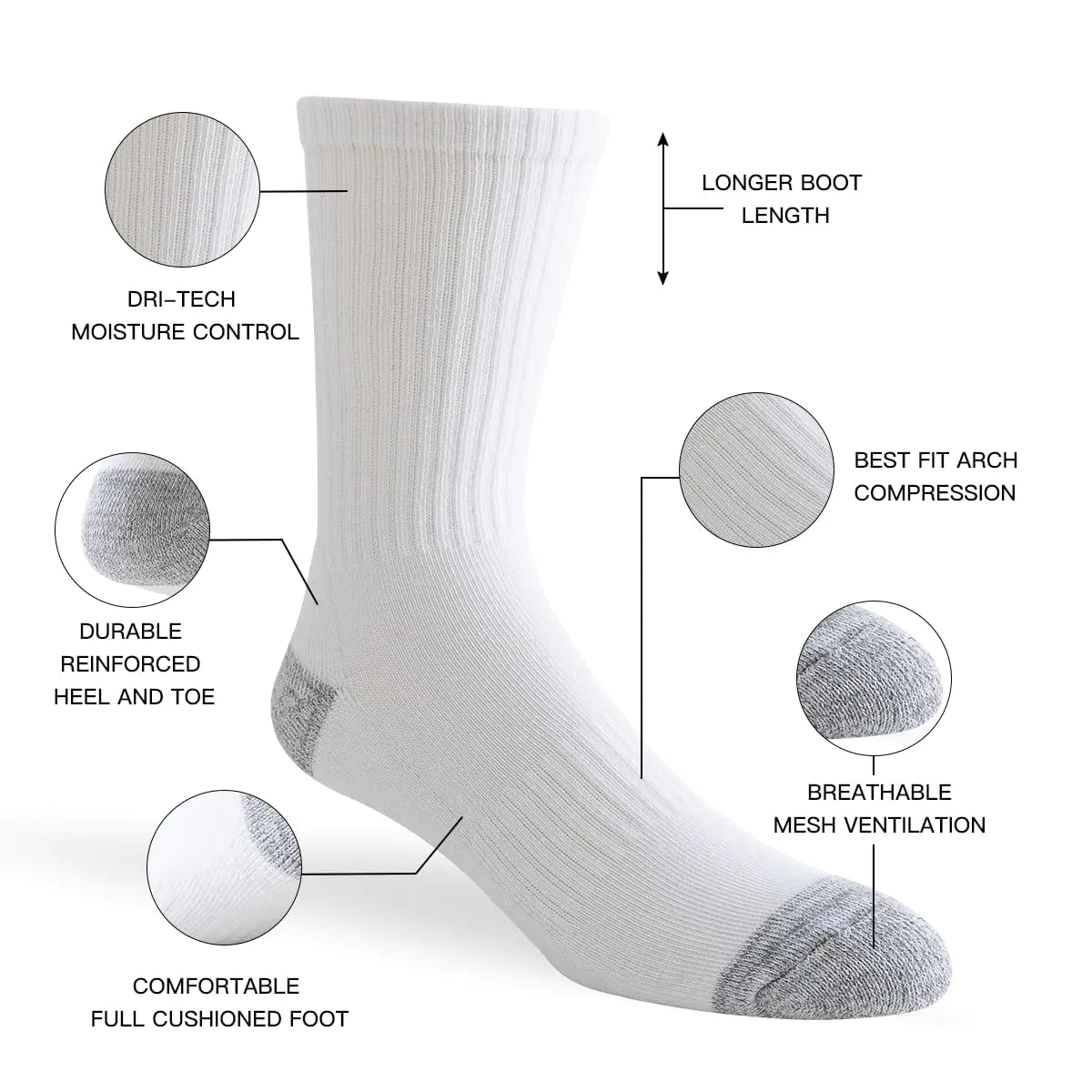 JOYNÉE 8 Pairs Mens Crew Cushion Socks Work Athletic Running Socks Casual Breathable Socks for Men,Sock Size:10-13 Large White(8 Pairs)