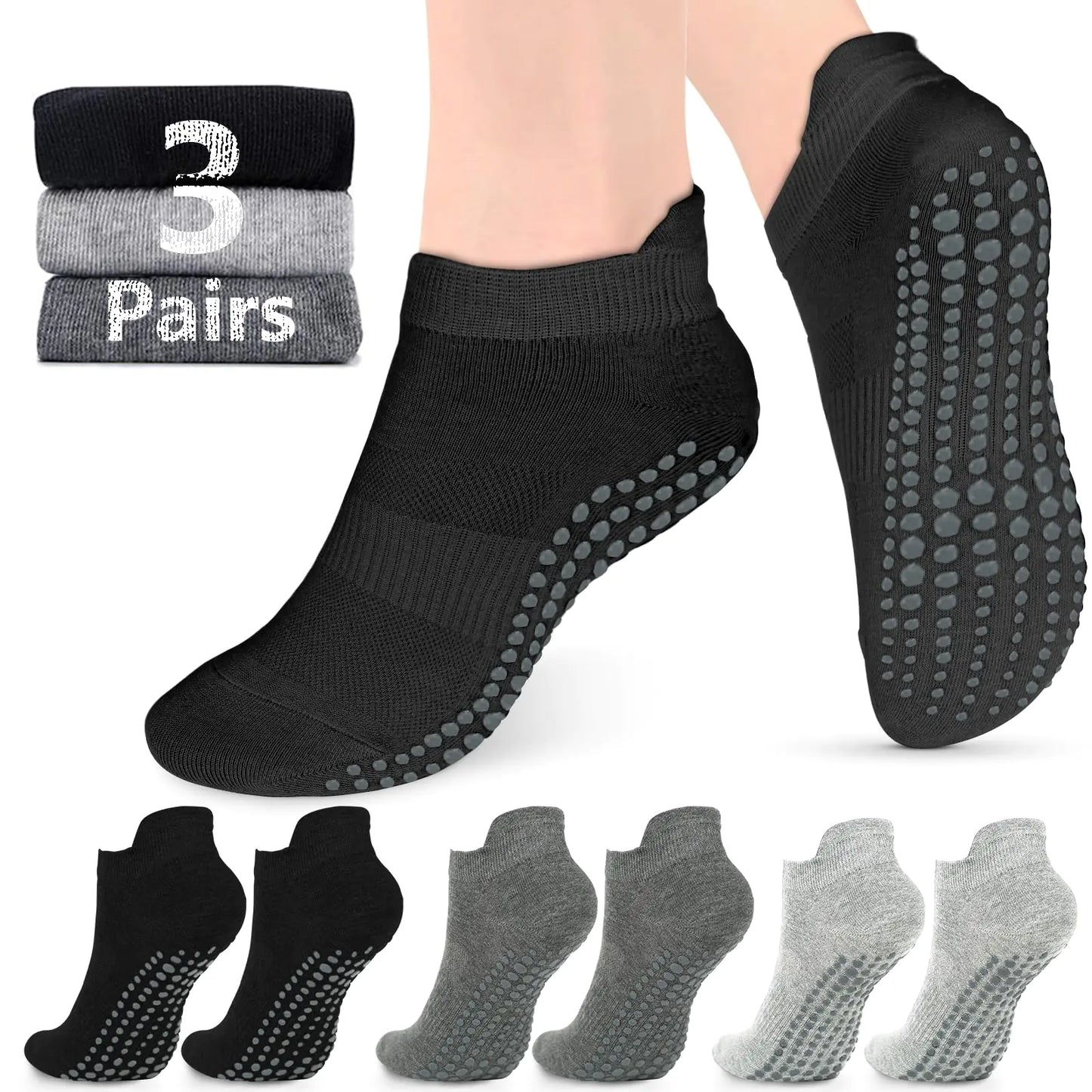 AURUZA Grip Socks for Women Men Pilates Grip Socks Non Slip Yoga Sock with Grips for Barre Barefoot Hospital Grippy Sock Small 6 Pairs-6 Pairs of Black