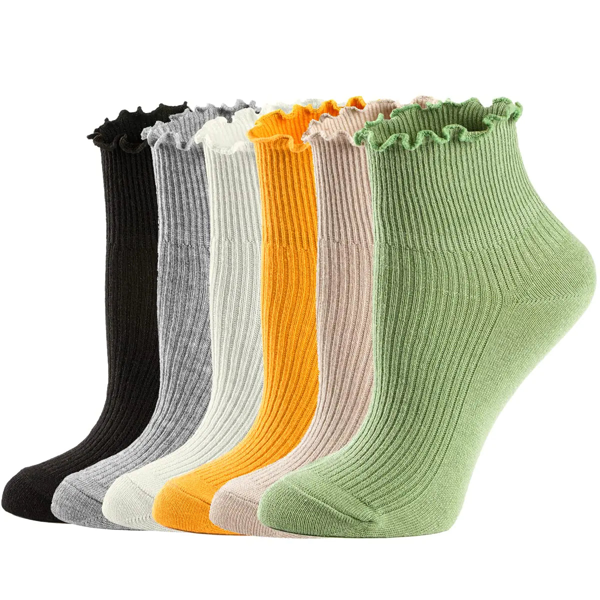 Mcool Mary Womens Socks, Ruffle Turn-Cuff Casual Ankle Socks Breathable Cool Knit Cotton Lettuce Crew Frilly Sock 6 Pack 9-11 6colors (Green + Pink + Yellow + White + Gray + Black)