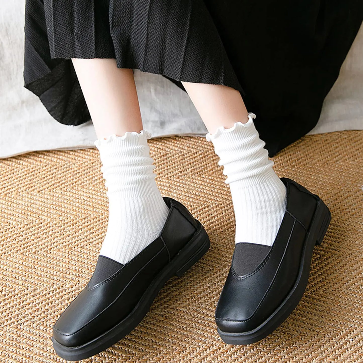 Mcool Mary Womens Socks, Ruffle Turn-Cuff Casual Crew Socks Breathable Cool Knit Cotton Lettuce Ankle Frilly Sock 6 Pack 5-9 6-pairs(2black+2gary+2white)_crew Socks