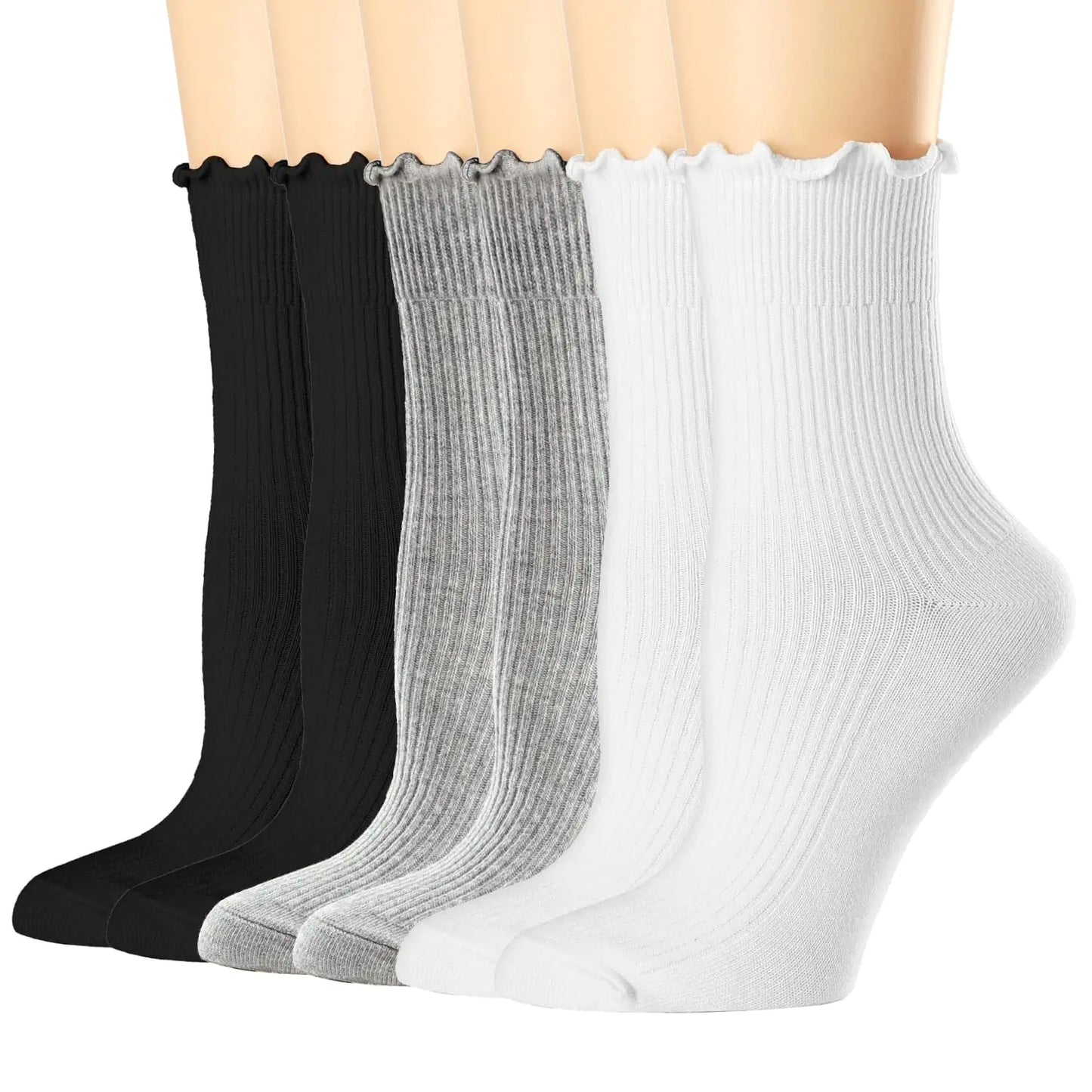 Mcool Mary Womens Socks, Ruffle Turn-Cuff Casual Crew Socks Breathable Cool Knit Cotton Lettuce Ankle Frilly Sock 6 Pack 5-9 6-pairs(2black+2gary+2white)_crew Socks