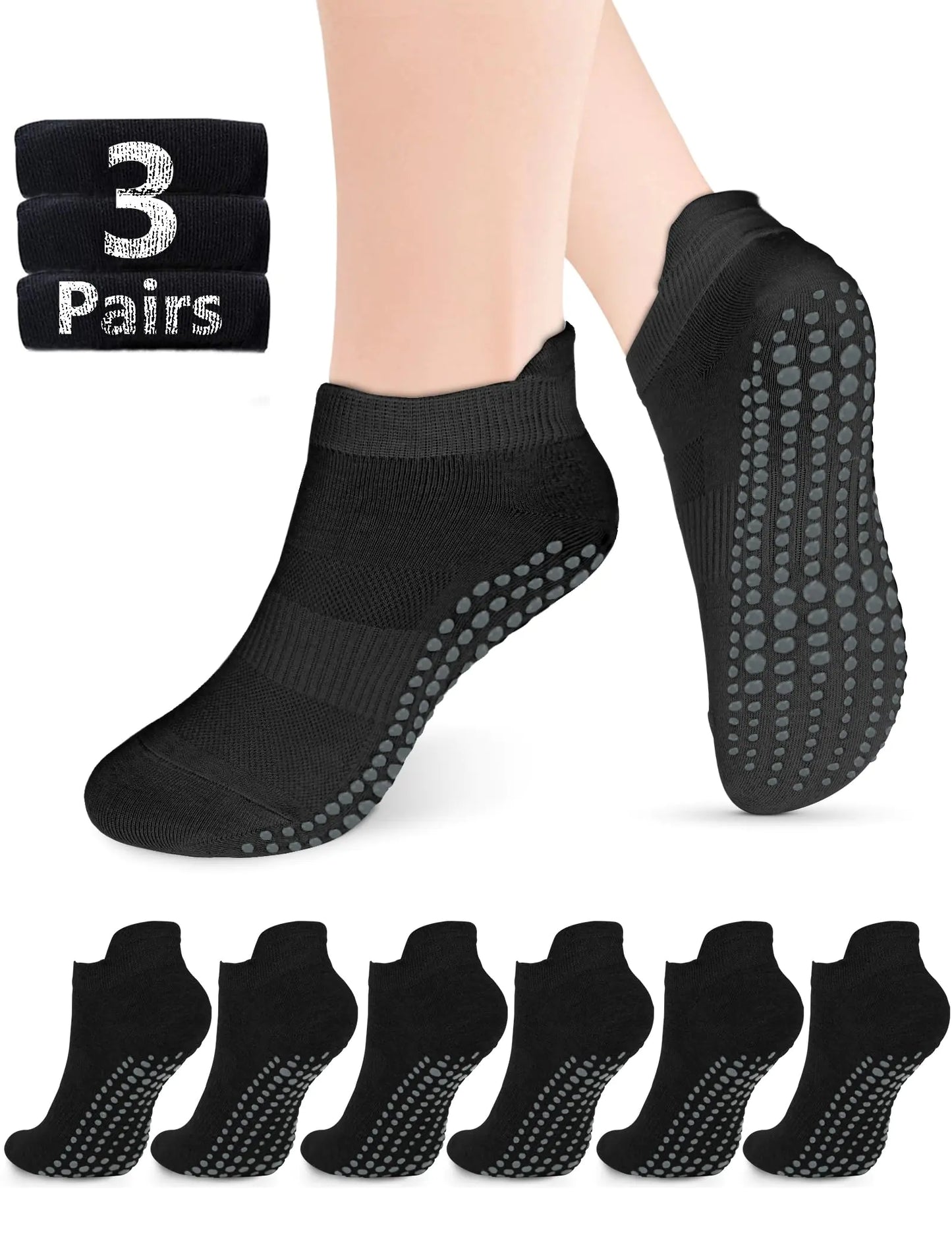 AURUZA Grip Socks for Women Men Pilates Grip Socks Non Slip Yoga Sock with Grips for Barre Barefoot Hospital Grippy Sock Small 6 Pairs-6 Pairs of Black