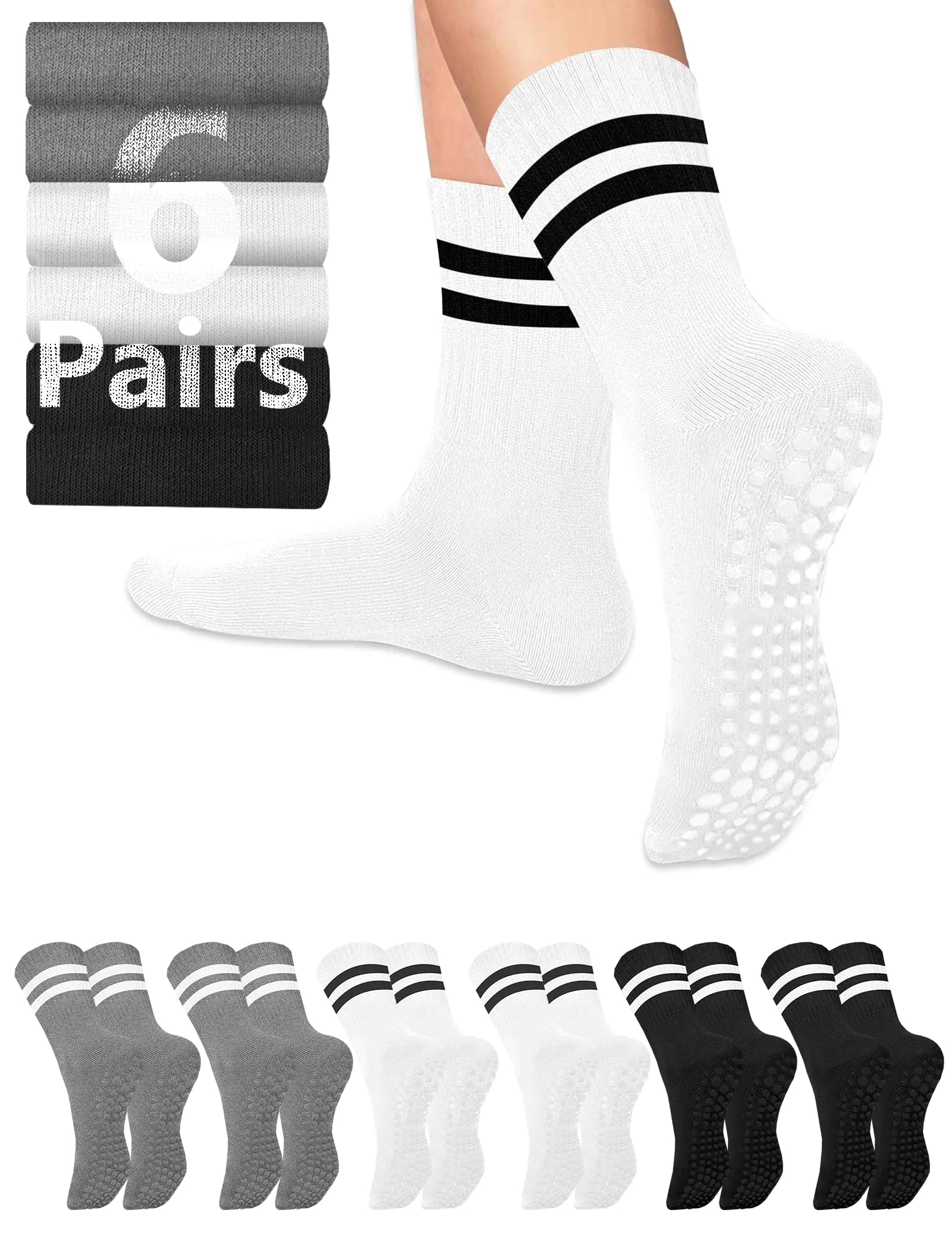 AURUZA Grip Socks for Women Men Pilates Grip Socks Non Slip Yoga Sock with Grips for Barre Barefoot Hospital Grippy Sock Small 6 Pairs-6 Pairs of Black